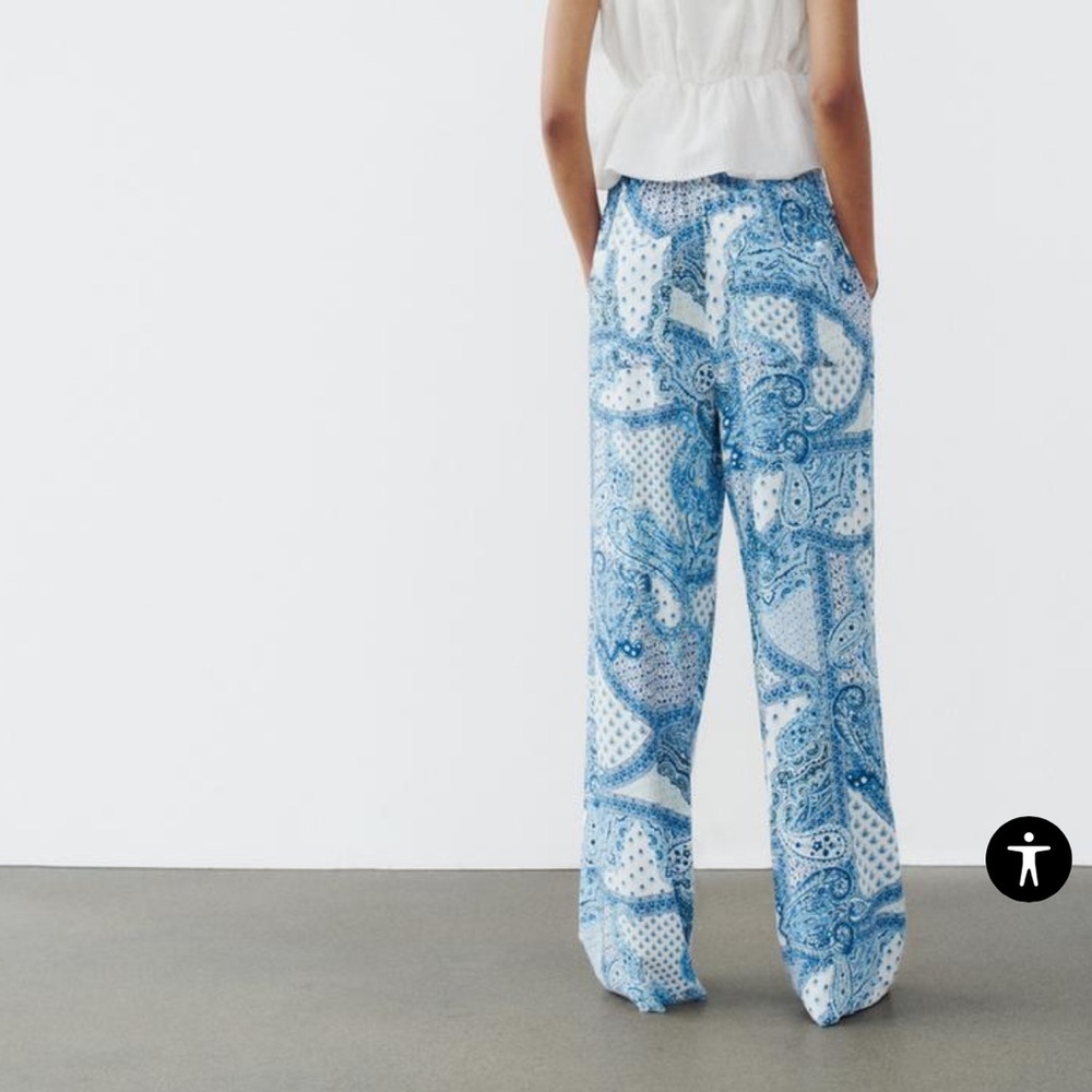 ZARA Paisley Printed Wide Leg Pants Rustic Blue White Boho SIZE M - Picture 3 of 7